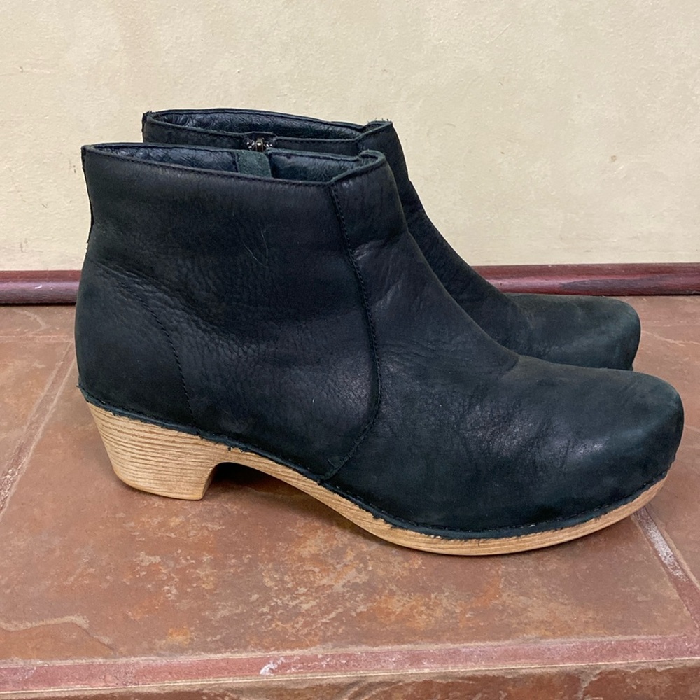 Dansko Black Leather Ankle Booties with Stacked Heel